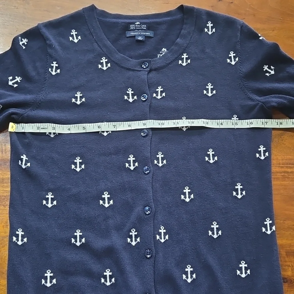 Tommy Hilfiger 100% Pima Cotton Navy Blue And White Anchor Cardigan Size Small